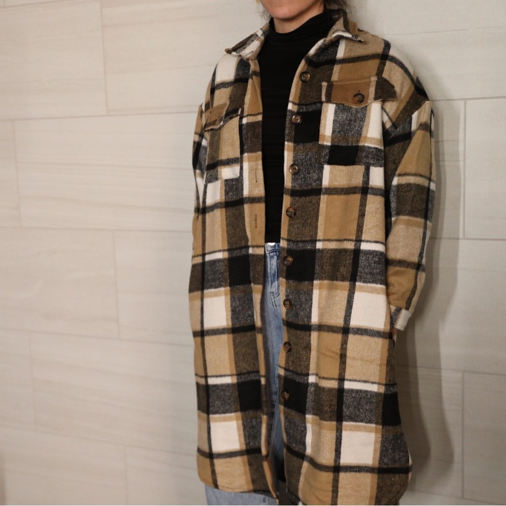 Plaid Button-Up Long Soft Flannel Outer Layer Light Jacket Top for Women